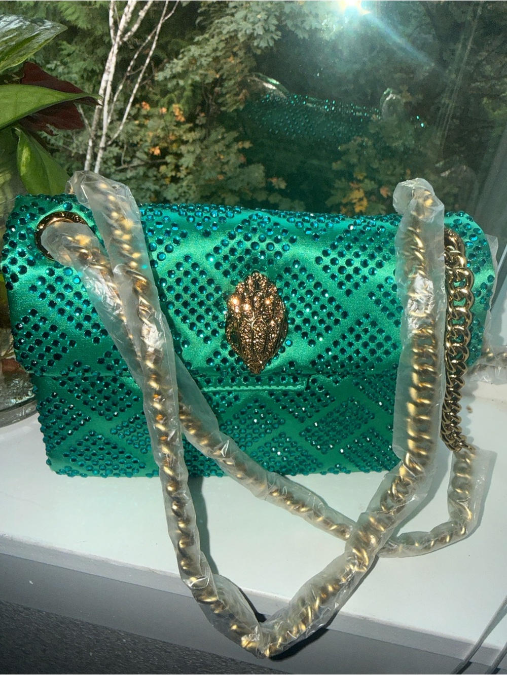 New Kurt Geiger Emerald Green Crystal-Embellished Crossbody with Gold Chain